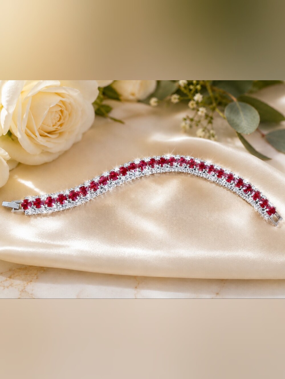 Red Crystal Tennis Bracelet - Silver Tone
